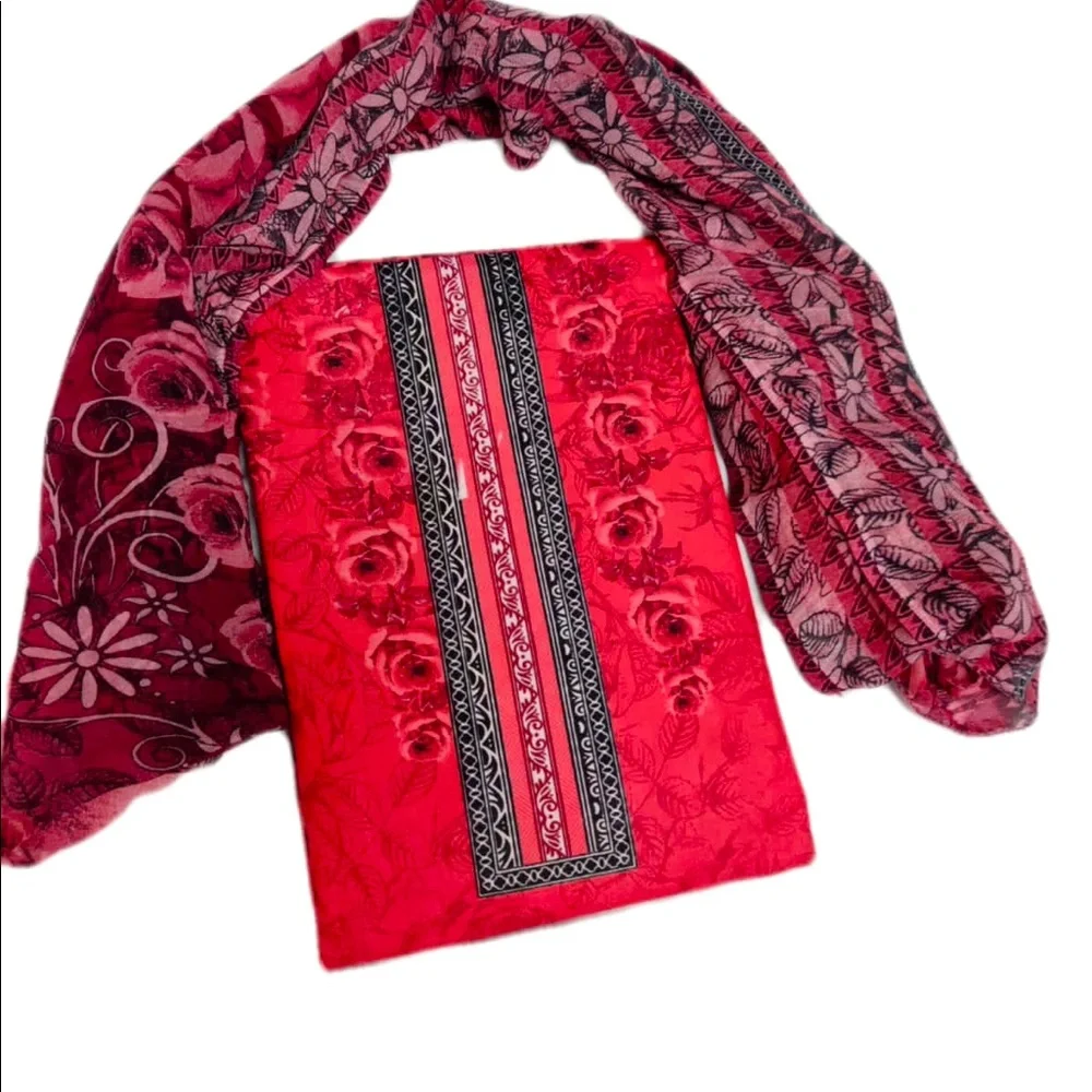 Unstitched dress material cotton three piece suit-Free Size - Picture 3 of 5